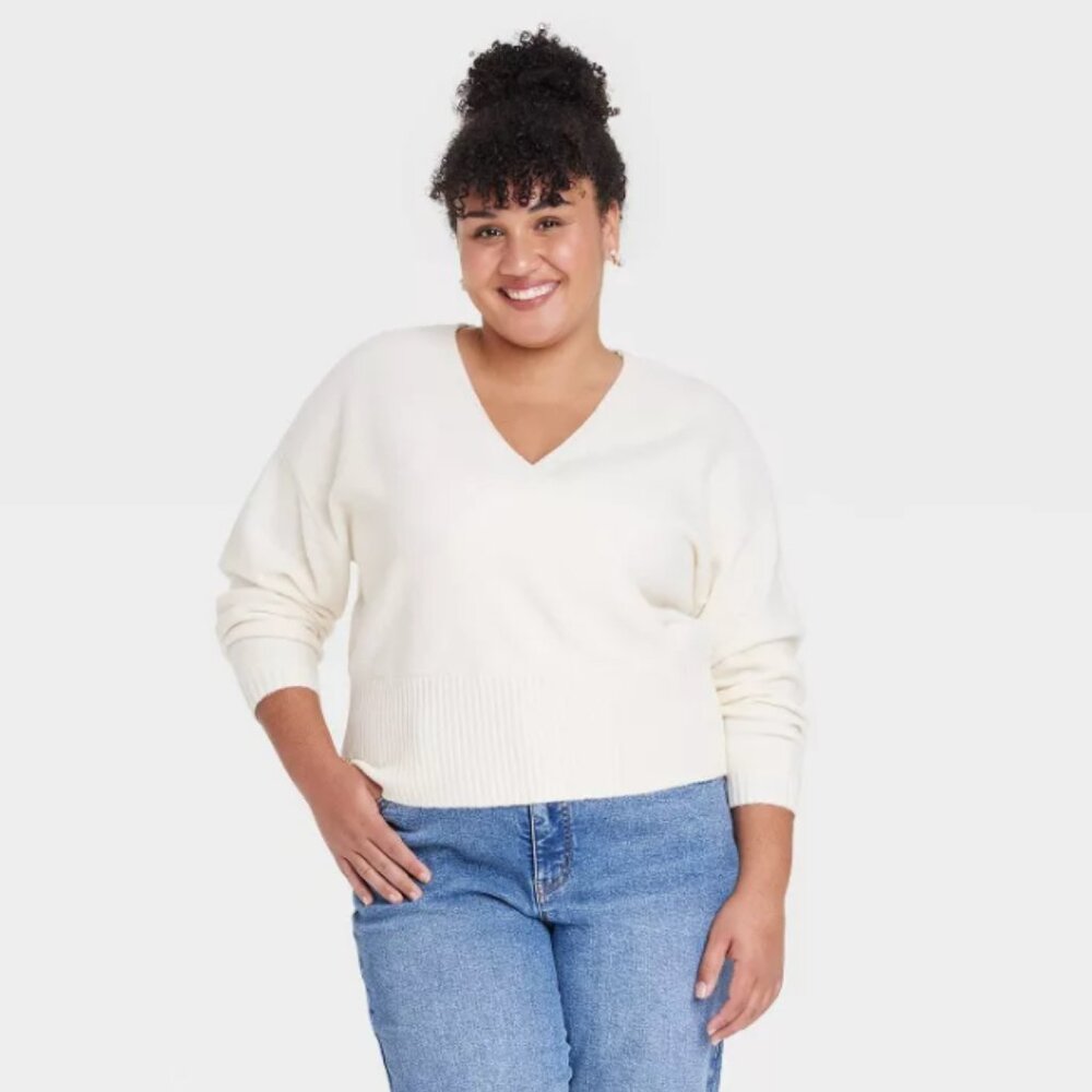 Ava & Viv Cozy Cream Faux Wrap V-Neck Sweater Size 1X NWT